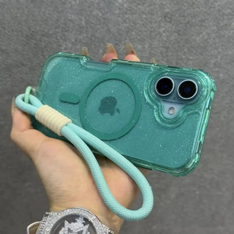 Glitter Transparent Magnetic For Magsafe Case Protector Smartphone Casing For iPhone 17 15 14 Plus 13 16 17Pro Max Wrist Strap Lanyard Shockproof TPU Cover Cellphone Accessory Protective Armor Cover