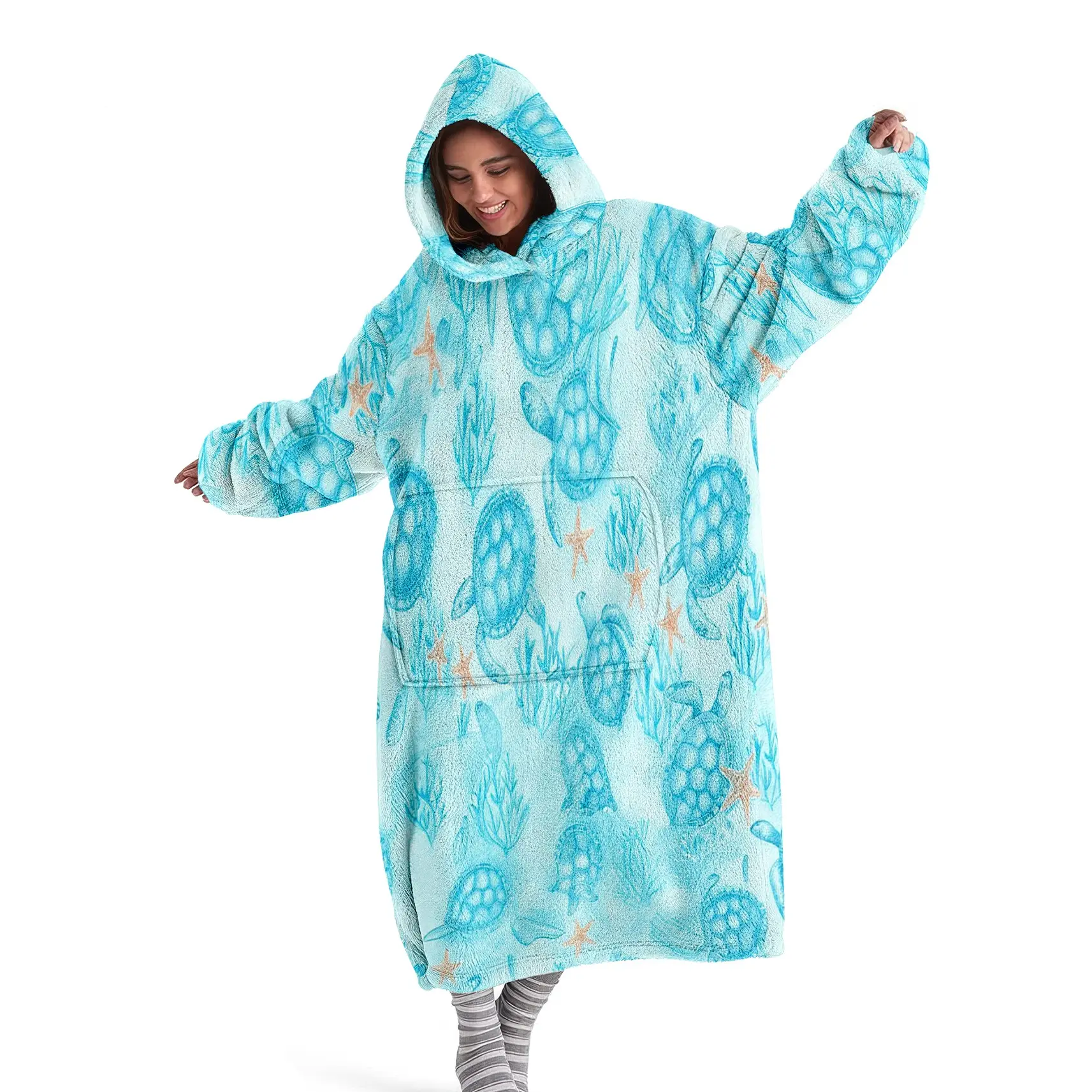 Hooded wearable blanket, sky blue sea turtle printed, digital printed flannel blanket, soft and warm blanket suitable for air conditioning, nap, office bed, camping travel, Loungewear sweatshirt blanket, Cozy hooded blanket