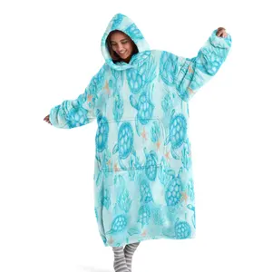Hooded wearable blanket, sky blue sea turtle printed, digital printed flannel blanket, soft and warm blanket suitable for air conditioning, nap, office bed, camping travel, Loungewear sweatshirt blanket
