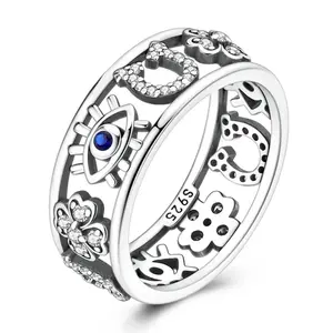 LAZA 925 Sterling Silver Lucky Ring – Amulet ring featuring the Eye of Evil, Four-Leaf Clover, and Horseshoe, set with cubic zirconia, a perfect jewelry gift for women and young girls.