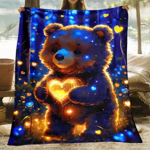 1Pc Luminous Teddy Bear Plush Blanket - Soft, Warm Flannel Throw With Magical Forest And Heart Design, Lightweight And Durable For Sofa, Bed, Travel, Camping, Office - Ideal Gift For Family And Friends, Cozy Travel Blanket | Heart Motif Blanket | Warm Fle
