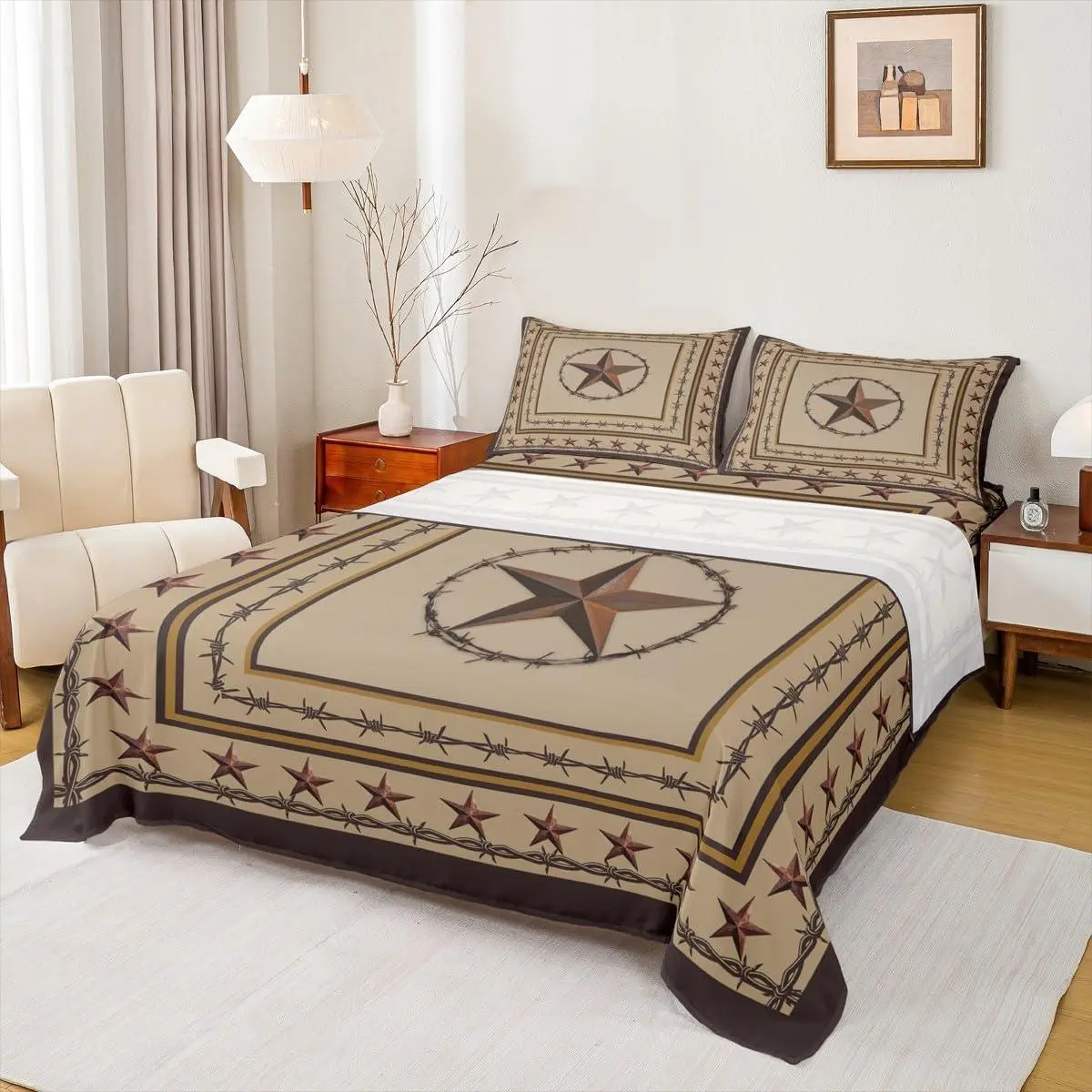 Western Texas Star Sheet,Cowboy Rustic Farmhouse Bedding Set Adults Bedroom Decor,Geometric Plaids Patchwork Brown Retro Bed Sheet Set (Fitted + Flat )