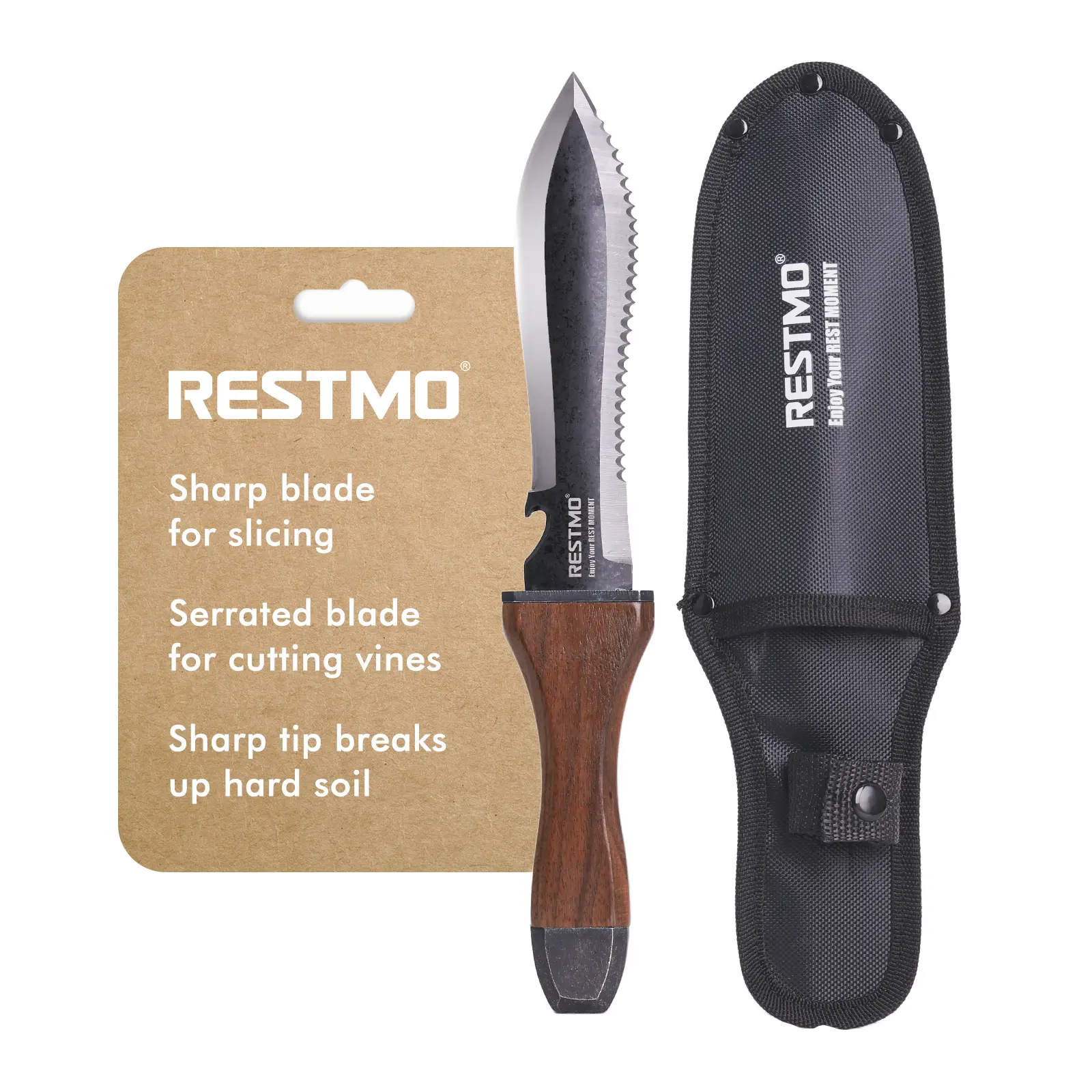 Restmo Hori Hori Garden Knife with Sheath - High-Strength Stainless Steel Dual-Edge Blade, Ergonomic Walnut Grip, Belt Sheath, Lightweight Versatile Tool for Digging, Soil Cutting, Weed Removal, Bottle Opening & Outdoor Gardening