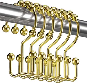 Shower Curtain Hooks, Gold Shower Curtain Hooks Rust Proof, Non-Slip Simple Double Hook Shower Curtain Hooks for Shower Curtain, Sturdy Shower Curtain Rings, 12Pcs