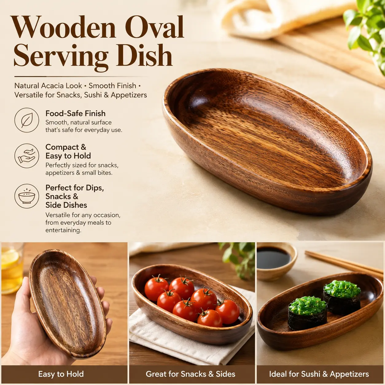 4-Piece Traditional Japanese Boat-Shaped Wooden Sushi Platter Set, Handmade Natural Grain, Sturdy, Compact, Lightweight Non-Contact Kitchen Utensil, Easy to Clean for Daily Use, Ideal for Serving Fruits, Desserts, Set Of Four
