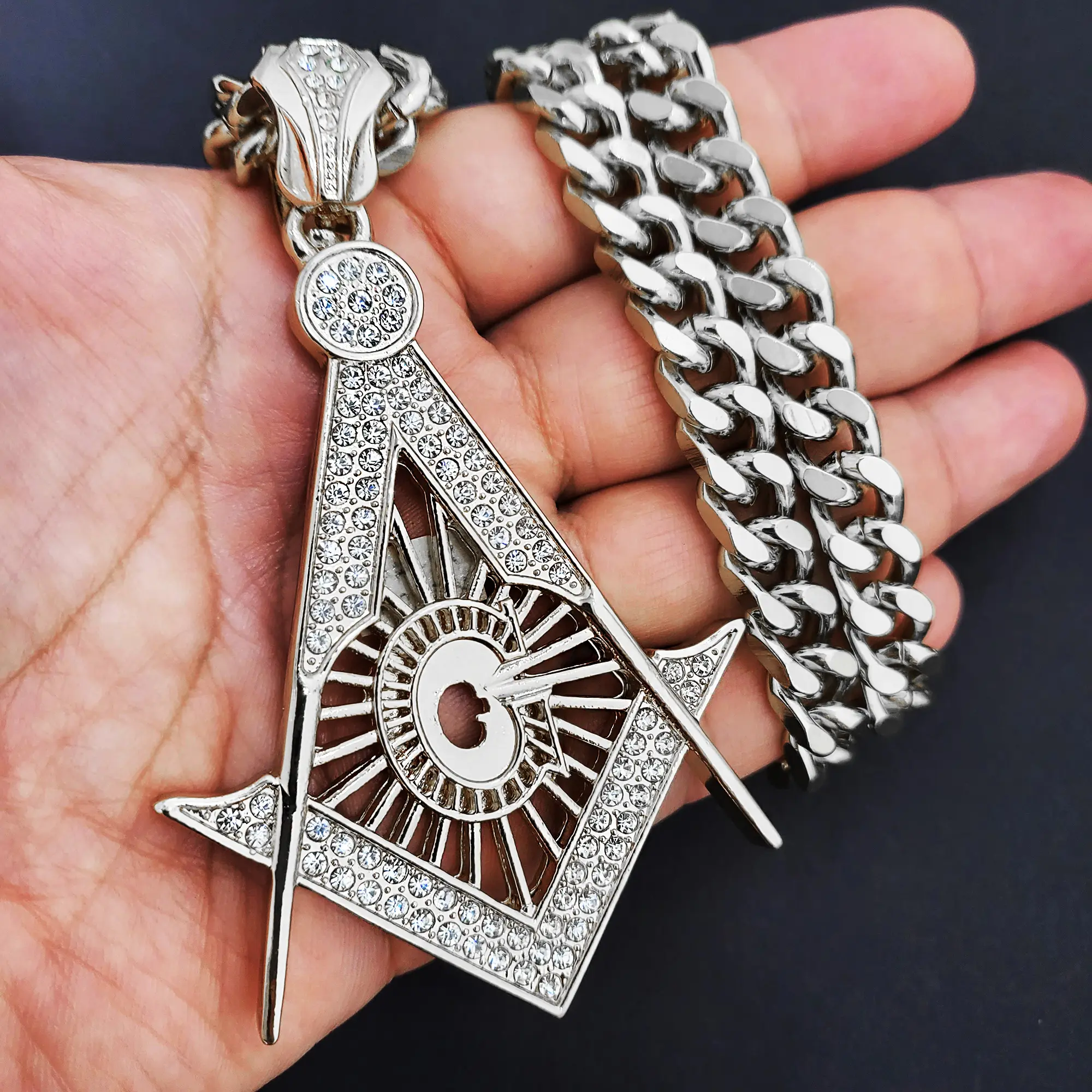 MaxBling81 Men's Hip Hop Punk Style Necklace, 10mm Silver-Plated Cuban Chain with Large Iced Out Zirconia Pendant, Adjustable 18-30in, Punk Style Cubanchain