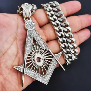 Men's Hip Hop Large Masonic Pendant Iced Cubic Zirconia 10mm 18" 20" 24" 30" Cuban Chain Silver Plated Necklace