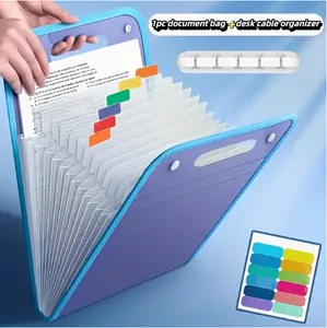 File folder with 13 compartments for storage, equipped with 12 classification labels. It is waterproof and durable, suitable for storing daily office supplies, school items, test papers, and materials.