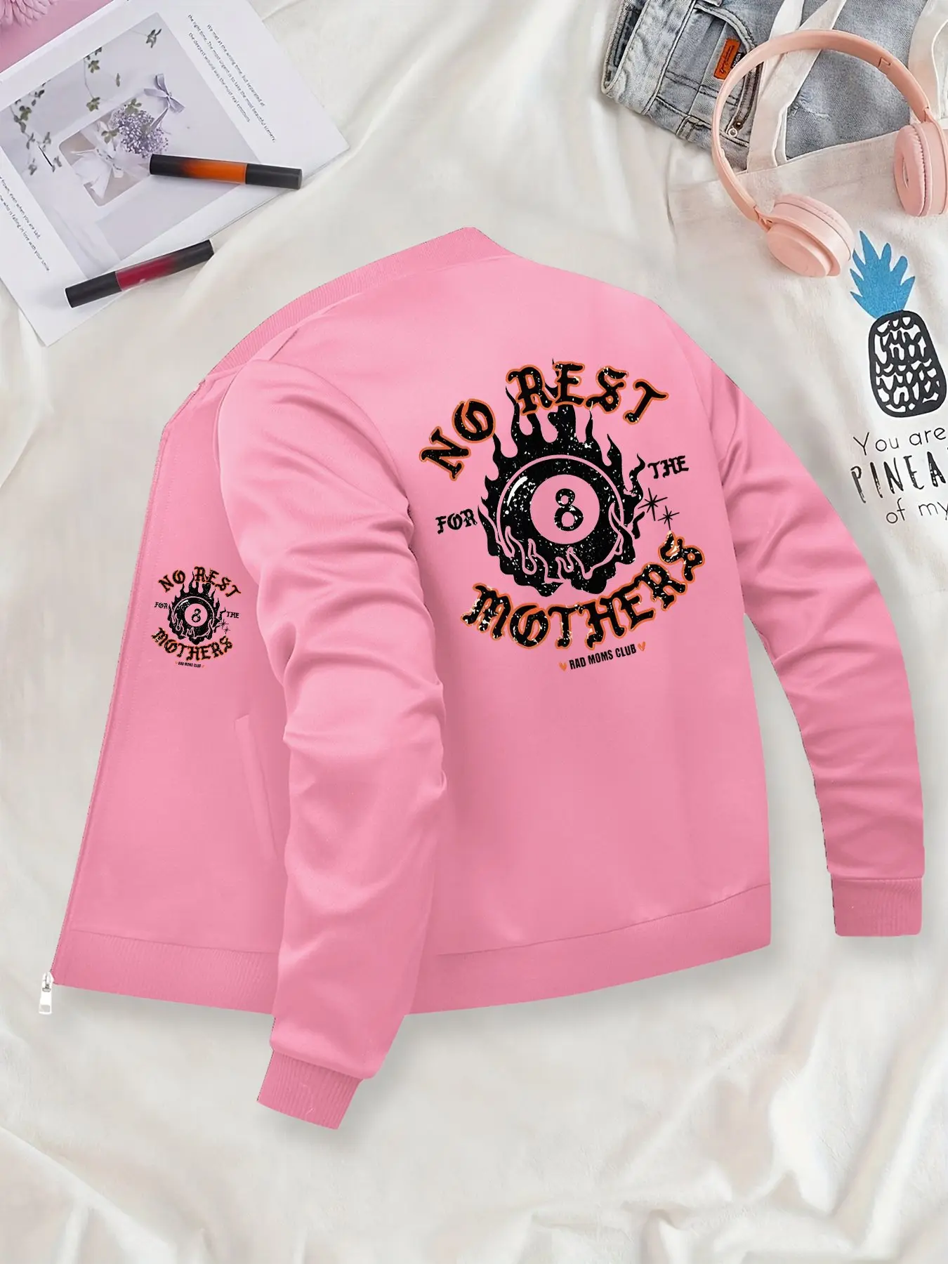 Trendy Zippered Baseball Jacket with "No Rest for Moms" & 8-Ball Print, Casual Long-Sleeve Baseball Collar Coat, Stylish for Spring & Autumn, Women's Daily Wear