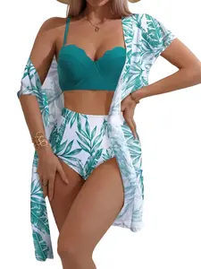 Women's Leaf Print Swimsuit Set, Boho Spaghetti Strap Push Up Swim Bikini Tops & Cover Up & High Waist Panty, Bikini Sets, Boho Style Summer Beach Swimwear Set for Women, Swimsuits Bikinis, High Waisted Bikini Sets, Tropical Print Bikinis