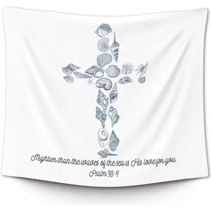 Christian Ocean Tapestry, Bible Verse Beach Coastal Cross Sea Shell Wall Tapestry Hanging for Beachy House Bedroom, Blue Easter Tapestries Wall Decor Art for Church Prayer Room