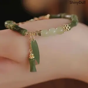 Elegant Women Transparent Green Glass Bamboo Bead Bracelet Charm Leaf Handmade Beaded Bangle Fashion Accessory Vintage Golden Butterfly Pendant Bracelet