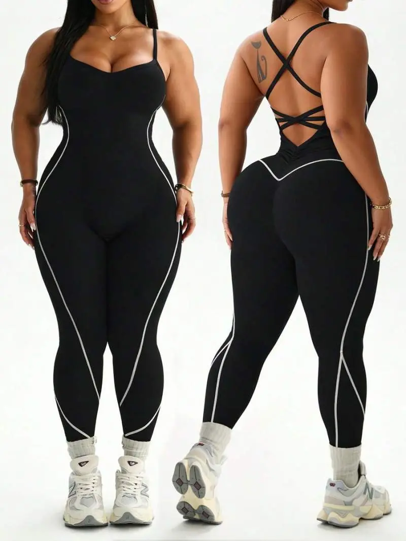 DORRIS Plus Size Seamless Deep V-Neck Contrast Stripe Criss-Cross Back Black Athletic Summer Pilates Sports Jumpsuit For Running Fitness Yoga Dance
