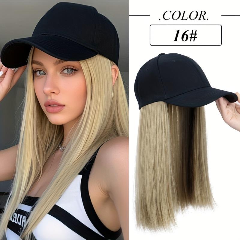 Women's synthetic hat wig, long straight black hair, baseball cap with hair attachment, stylish and convenient all-in-one design.