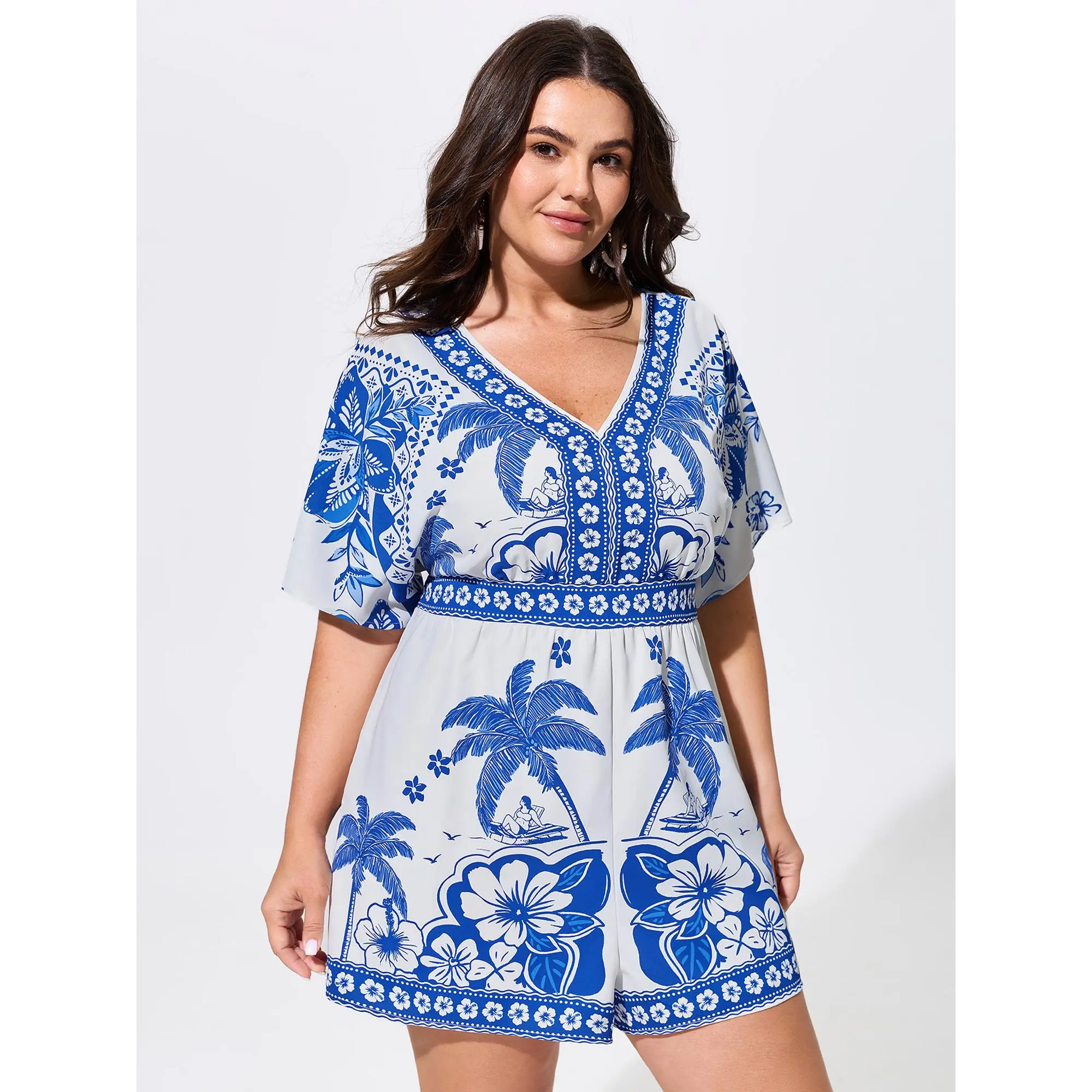 BLOOMCHIC Plus Size Tropical Floral Print Shirred Waist Romper[M-6X] 2026 Summerfinds