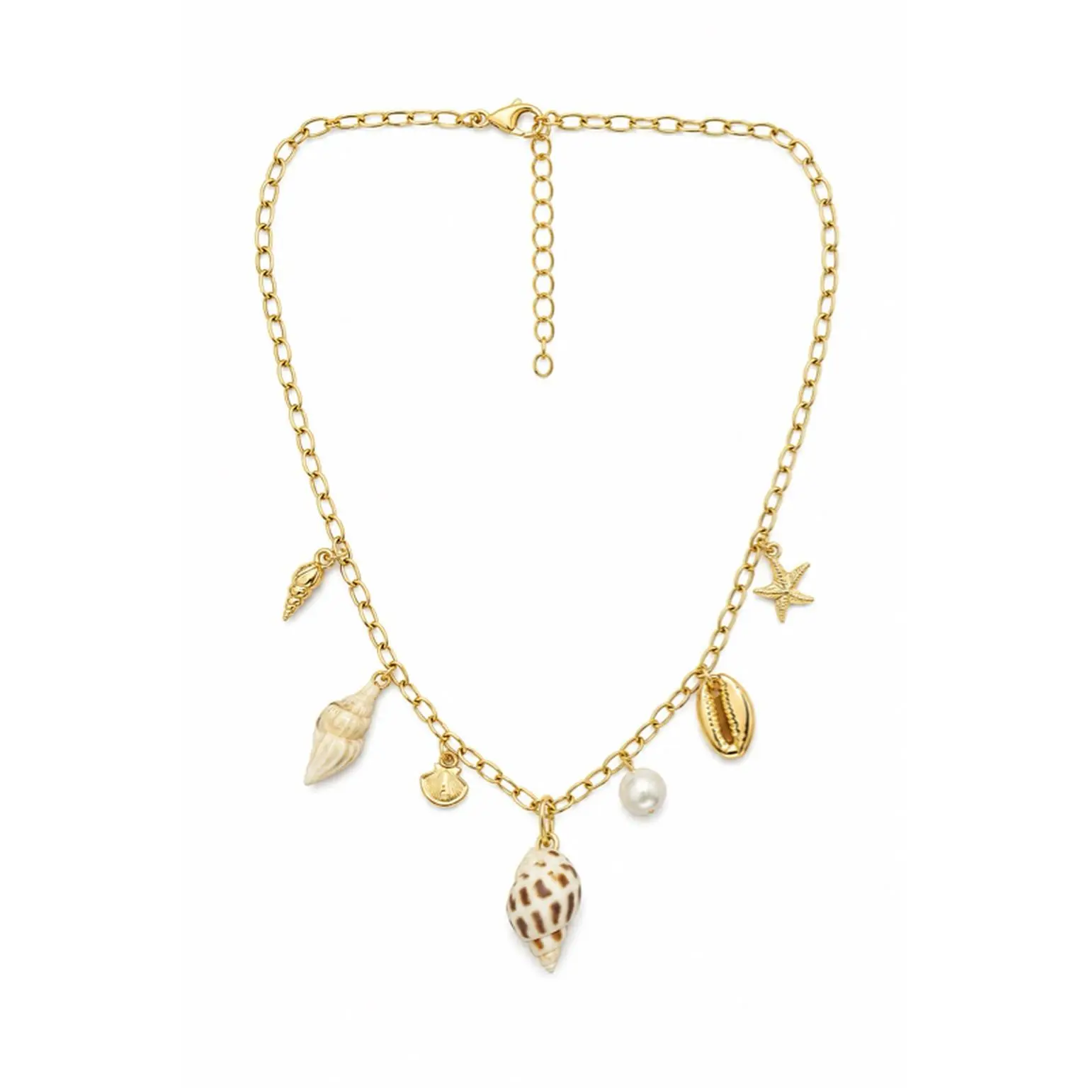 Ocean Nautical Theme Natural Sea Shell Gold Plated Necklace with Starfish and Pearl Charms