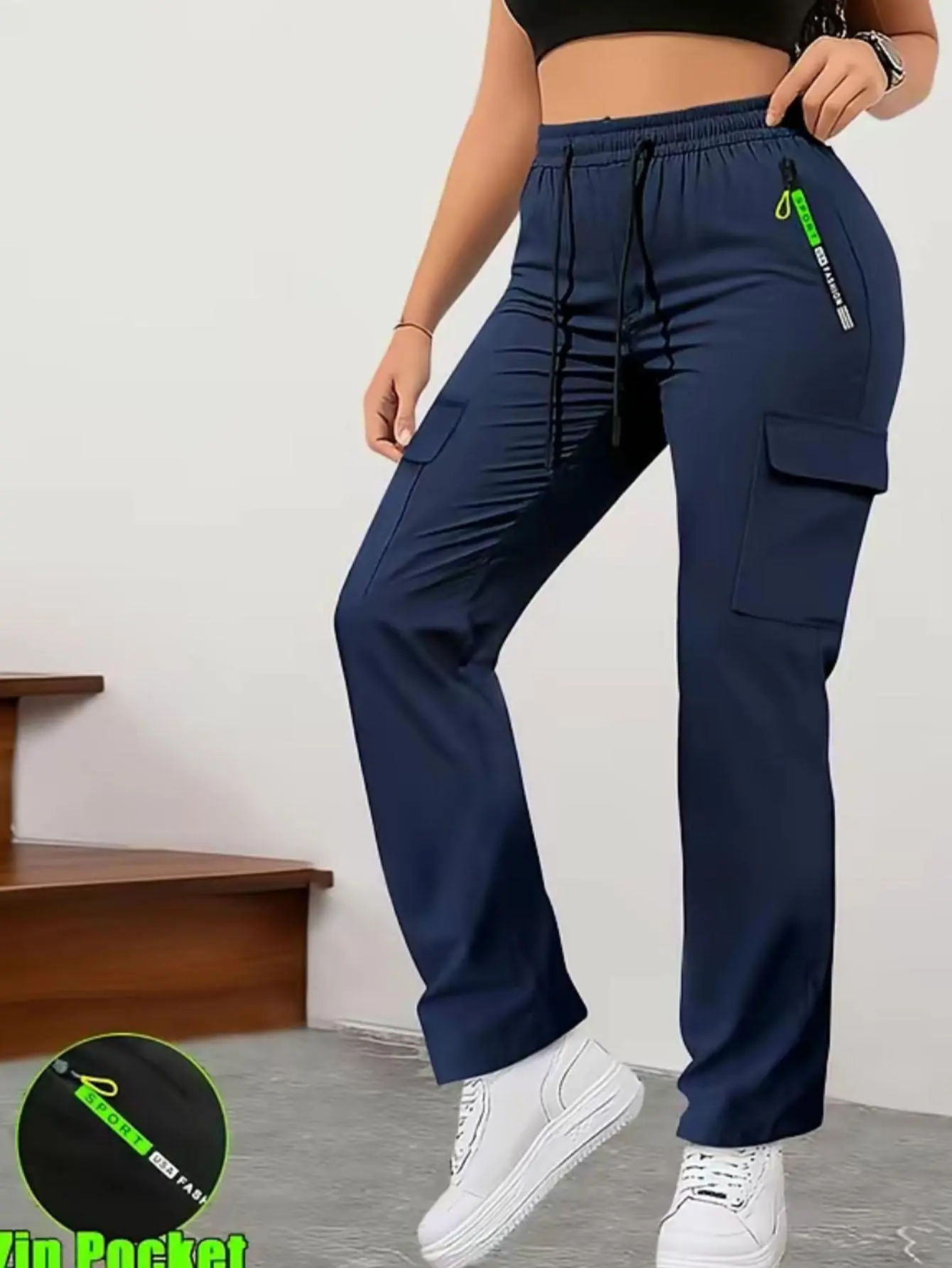 Women’s summer cargo pants with zippered pockets, stylish large pocket design with elastic waistband, casual outdoor/daily long slim-fit pants