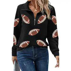 Black Sequin Rugby Football Patched Quarter Zip Textured Sweatshirt