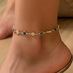 2pcs Dainty Anklets For Women Cute Sunflower Daisy Charm Anklet Blue Evil Eyes Chain Anklet Bracelets Boho Summer Beach Anklets For Women Fashion Daily Jewelry Birthday Gifts