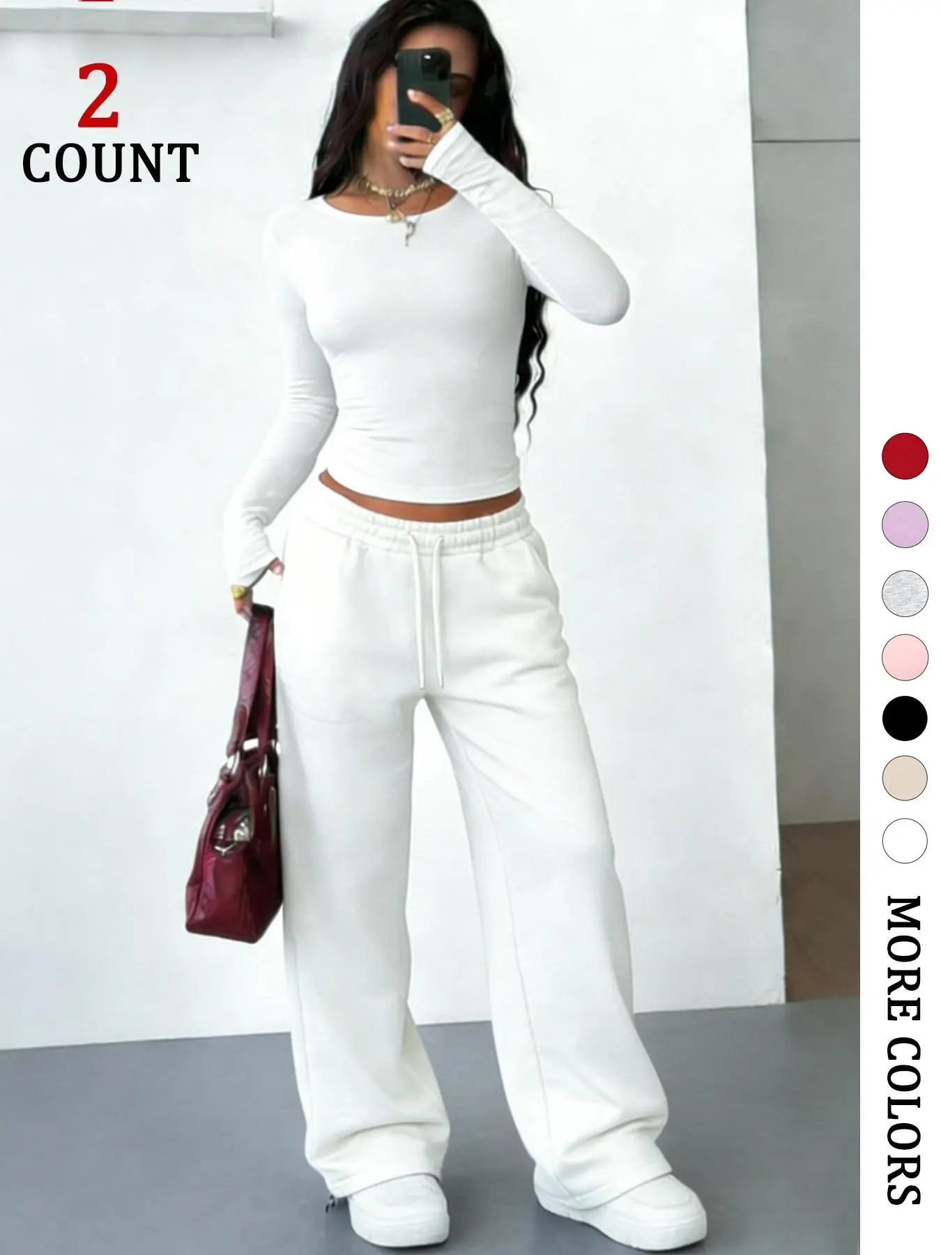 Y2K Campus Sweet Girl Fall Winter Fashion Set Womenswear, High Stretch Fitted Long Sleeve Top, Comfortible Wide Leg Pants, Casual Street Style, Clothes
