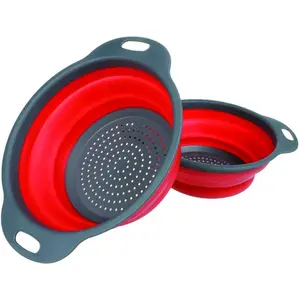2pcs Food-Grade Silicone Collapsible Strainer Bowl Colander Set for Vegetables Fruit - Durable Folding Rubber Hopper Filter Basket (Red)