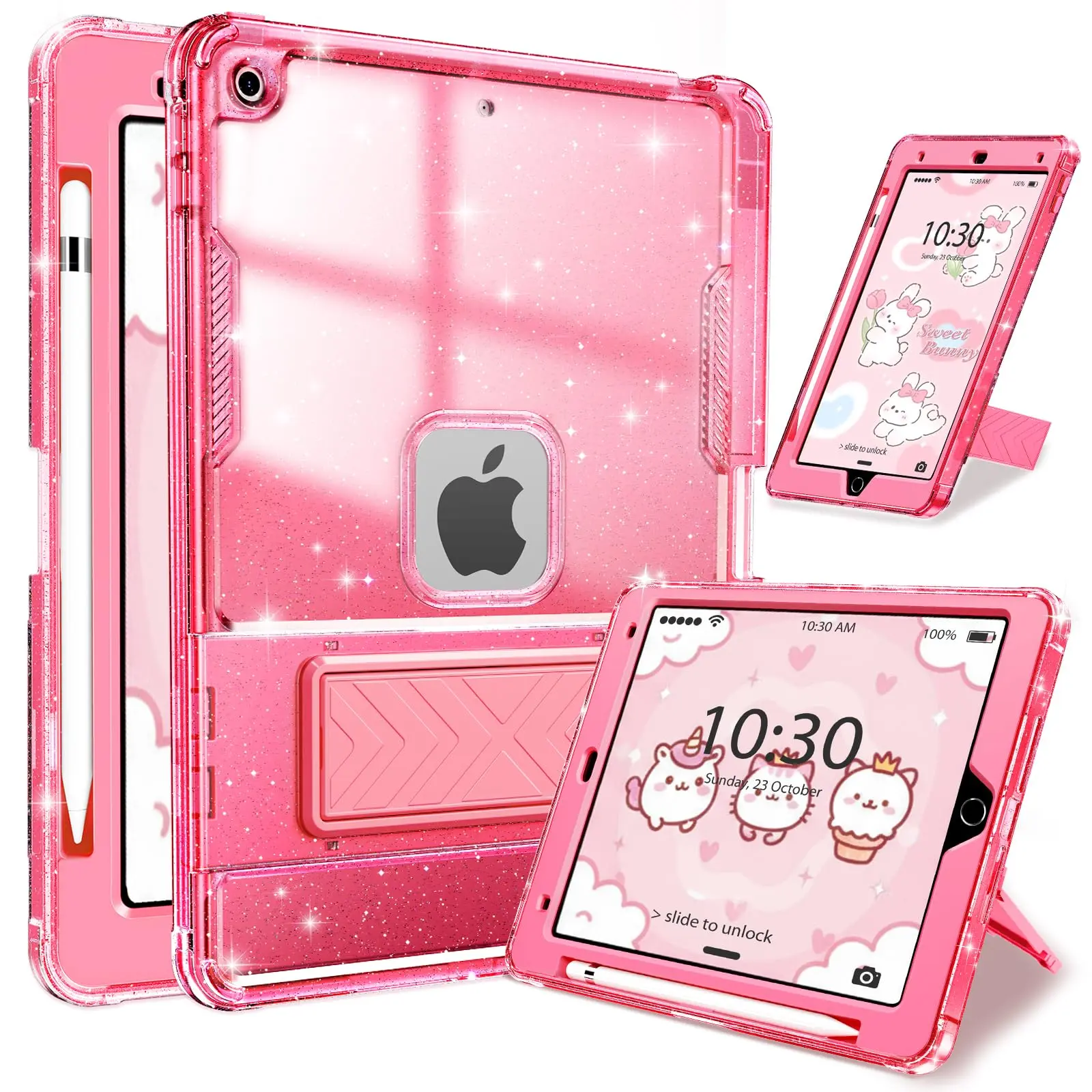 INFILAND Case for iPad 9th/8th/7th Generation 2021/2020/2019 10.2 inch | Glitter Clear, Shockproof Protective Cute iPad 7/8/9 Gen Cover with Stand, Pencil Holder for Kids, Girls, Women