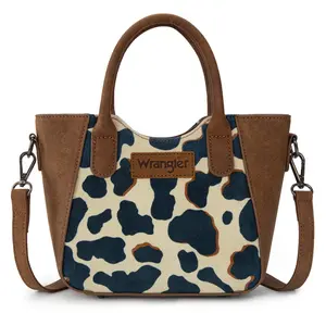 Wrangler Cow Print Top-Handle Crossbody Bags for Women with Brown Trim and Adjustable Strap