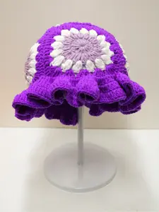 Unisex Sunflower Wood Lace Crochet Hollow Out Fisherman Hat, Spring Autumn Cute Wave Edge Color Block Knit Beanie Cap