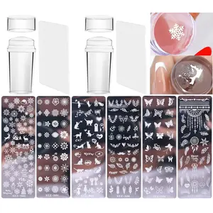 10 Pcs Nail Stamp Template Kit French, Contains 2 Stamper 2 Squeegee 6 Pattern Templates， for DIY Nail Decor Easy French Style Nail Art Designs, Nail Stamper Stencil Plates Set Manicure Nail Supplies