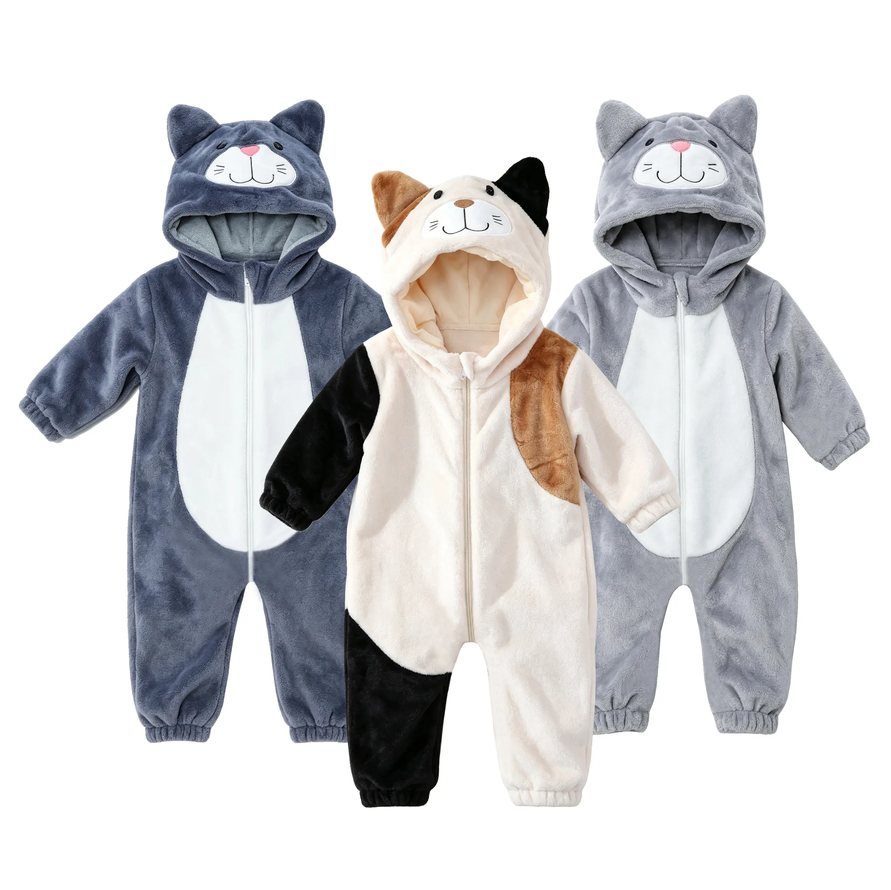 TONWHAR Kids Flannel Jumpsuit, Beige Gray Multi Color Cat Rompers for Toddlers, 3D Animal Hood Children One Piece Pajamas, Baby Snowsuit Bodysuit Without Straps