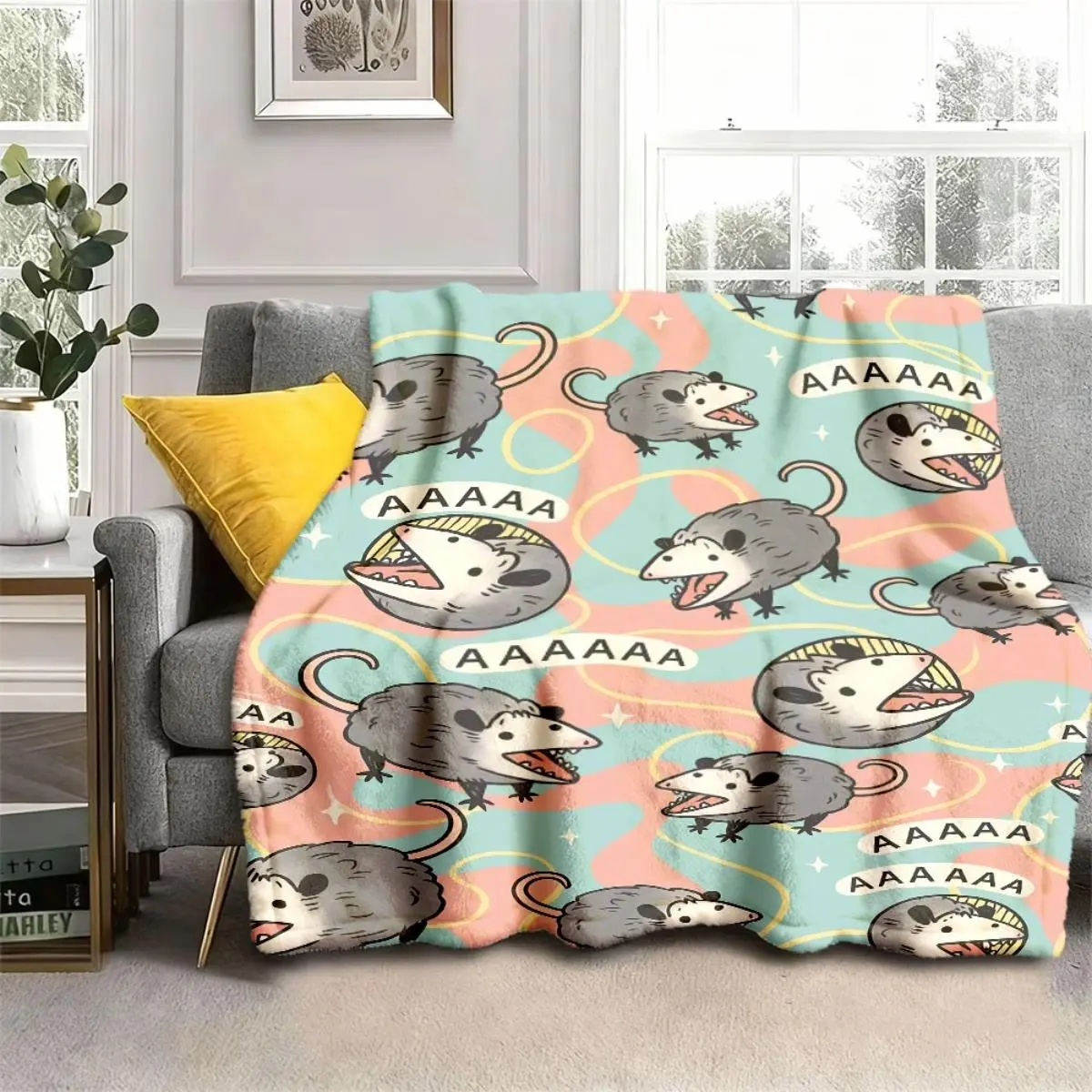 1pc Digital Print Opossum Cartoon Flannel Blanket - Plush, Soft, Polyester Fabric, 250-300 Gsm - Cozy for Bed, Sofa, Travel - Contemporary Style, All Seasons Throw
