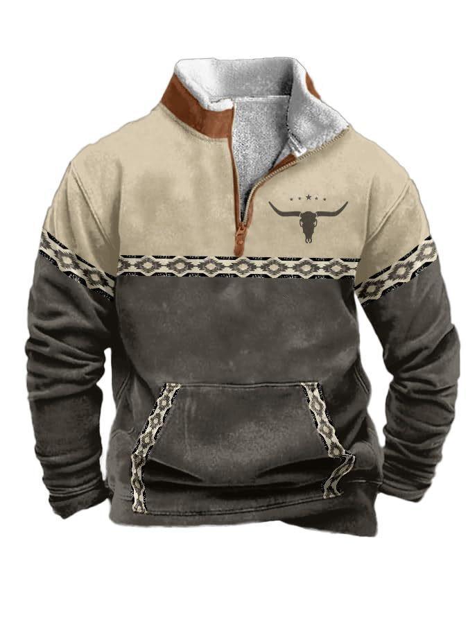 Mens Cowboy Sweatshirt Vintage Print   Western Aztec Sweatshirt Casual Long Sleeve  1/4 Zip Fleece Pullover Menswear Retro