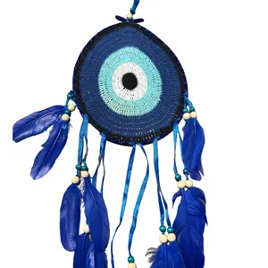 Large Dream Catcher Featuring Crochet Evil Eye Center and Blue Feathers