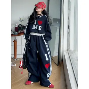 Girls Fashion Design Navy Heart-Print Tracksuit Set- Kids Clothes Girls, Girls Outfit Sets |   Teen Girl Clothes, Fall Outfits for Girls, Girls Outfit Sets Gifts for Kids Quick Delivery, Girls Valentines Day Outfit, for Outdoor, for Teenager