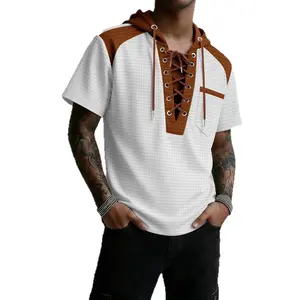 Men's Checkered Hooded Short-Sleeve Polyester T-Shirt Loose Color Block Drawstring Casual Pullover Sweatshirt Plain Shortsleeve Menswear tiktok shop deals tiktok shop wardrobewinter streetwear amazon gifts for him target finds guys gifts camo target finds