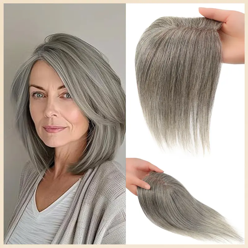 Vasilia Hair Toppers for Women Real Human Hair 10inch Hair Toppers for Women with Thinning Hair Straight Toppers Hair Pieces for Women Silk Base Clip in Human Hair Toppers for Thin Hair hair pieces for Partial hair loss&Cover gray hair Mother's Day
