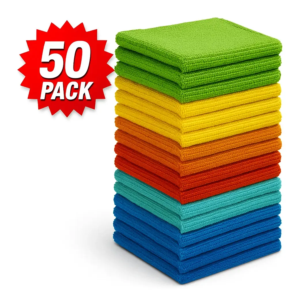 50pcs Thick Bamboo Fiber Kitchen Cleaning Towels - 10pcs Each in Bean Green, Orange, Bright Red, Medium Blue - Absorbent, Non-Linting, Oil-Resistant, 10"x10" Square Cloths - Hand Wash Only for Kitchen, Bathroom Home Care Supplies, Not Machine Washable