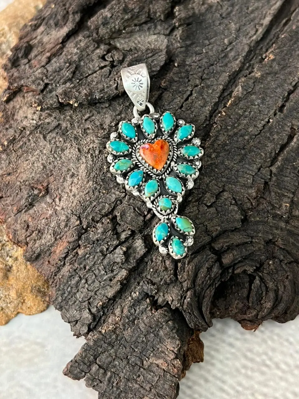 Handmade Sterling Silver Kingman Turquoise with Orange Mojave Pendant "Signed Nizhoni"