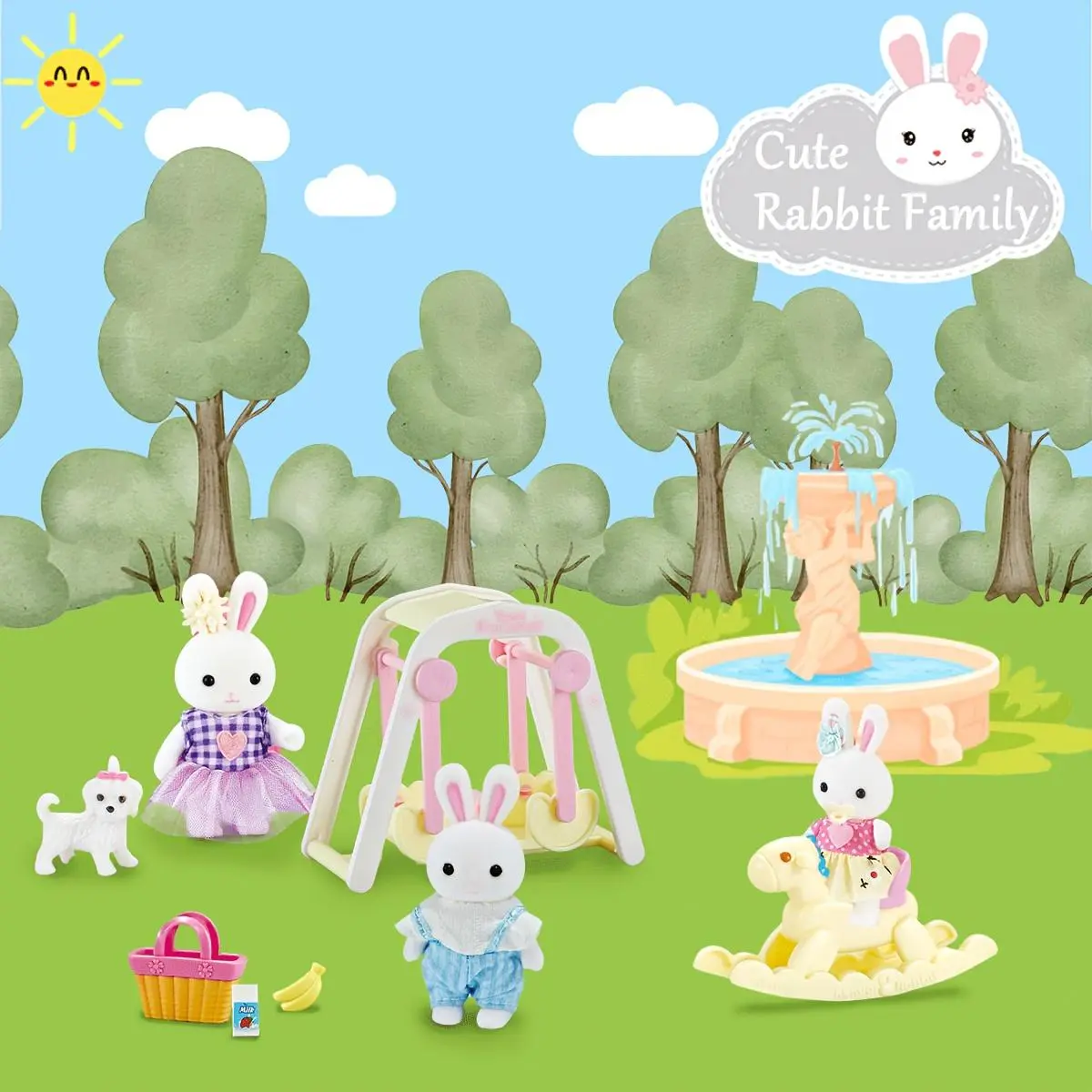 Unisex Adorable Plastic Rabbit Family Mini Doll House Playset - Whimsical Bunny Role-Play Game with Diverse Scenes, Accessories, Clothes (Styles May Vary), Durable Family Figures, Ideal 3+ Ages Christmas Gift