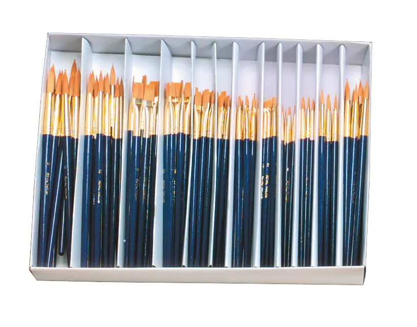 Royal Brush Manufacturing 401155 Waterproof Taklon Bristles Paint Brushes, Hardwood Handle, Assorted Sizes, Blue Classroom Pack - 144 Count, No Allergens, Enough for Entire Classroom