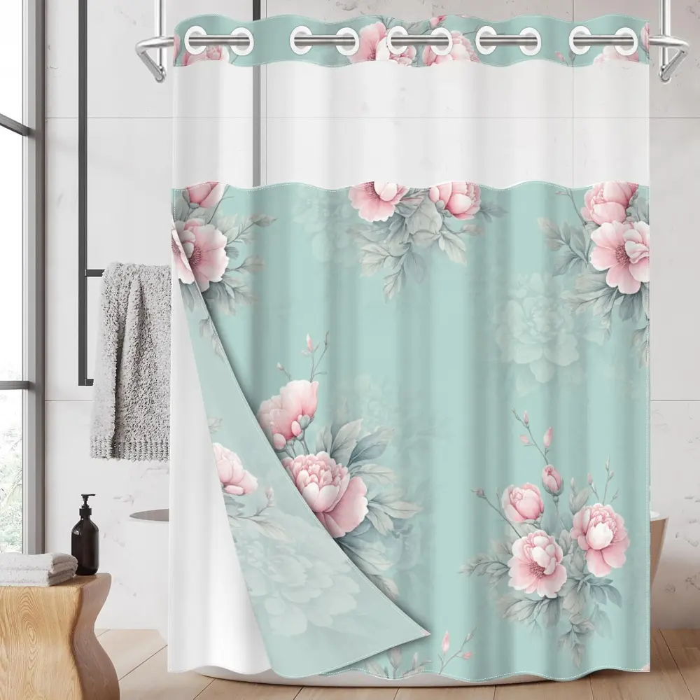 1pc hookless shower curtain with buckle lining, spring pink and green floral design, Flower shower curtain, 2D flat printing, fabric waterproof lining, see-through double-layer, 71 x 74 inches, modern home curtain