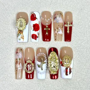 Alice WonderNails – Vintage Crimson Court Press On Nails | Virgin Mary & Gothic Cross Nail Art | Romantic Gold French Nails | Square Luxury Nails – AW437