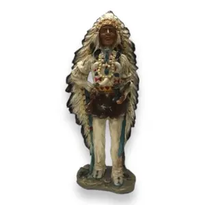 12in Native American Chief Person Figurine, Resin Home Decor Statue with Handcrafted Detail, Feather Headdress, Pipe and Native Theme Ornaments