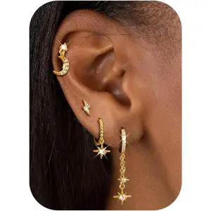 E99 Small Gold Dangle Earrings for Women - Hypoallergenic 14K Gold Plated Huggie Hoop Earring Studs Stack Set Dainty Drop CZ Pearl Surgical Stainless Steel Jewelry with Charm
