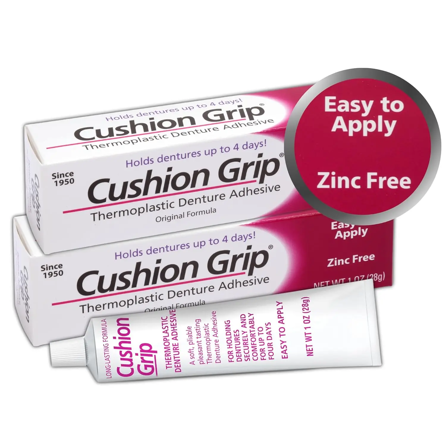 Cushion Grip Thermoplastic Denture Adhesive – Refits & Tightens Dentures, Works Like a Denture Reliner for Long-Lasting Comfort, Holds Up to 4 Days, Waterproof & Zinc-Free - 1 oz (Pack of 2)