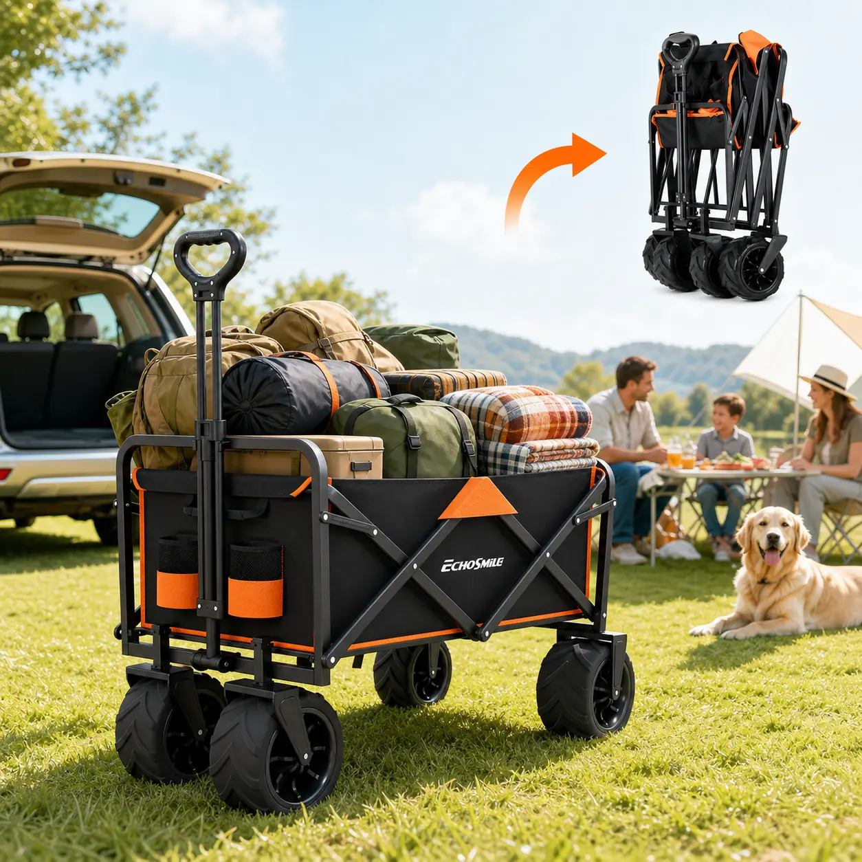 EchoSmile Collapsible Utility Wagon, 350LB Folding Cart with 8”×4” Wide All-Terrain Wheels, Compact 7” Fold, Adjustable Handle, 600D Fabric for Camping, Sports & Grocery