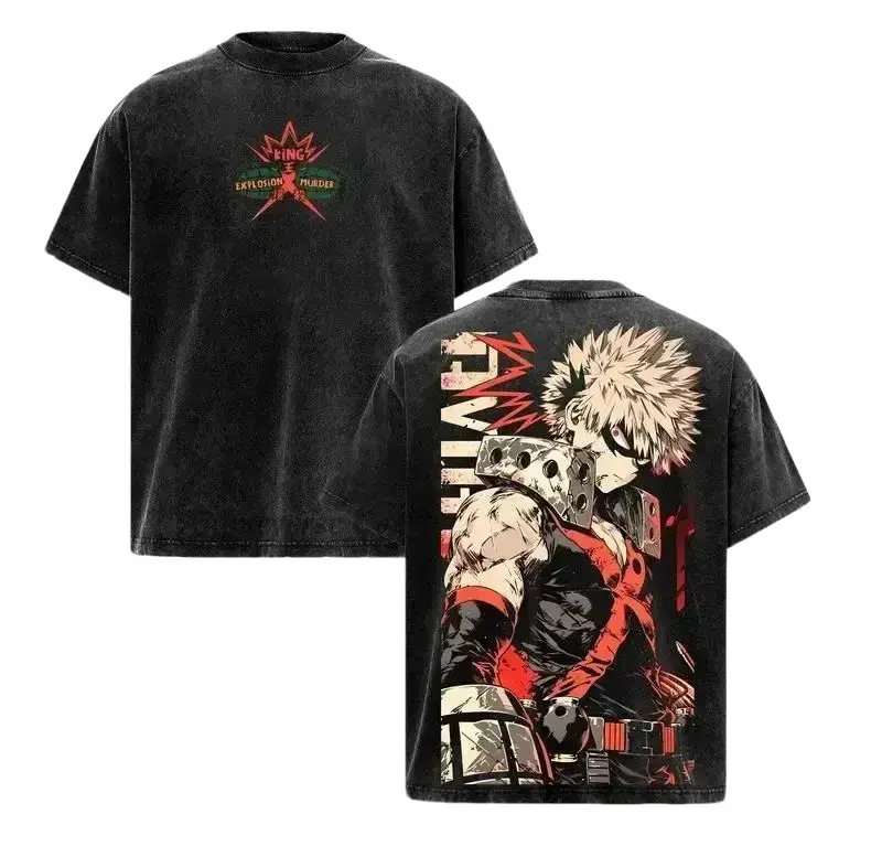 Katsuki Bakugo My Hero Academia Vintage Graphic Tee | Washed Cotton Oversized Anime Streetwear Shirt | Retro Harajuku Short Sleeve Top for Men & Women | King Explosion Murder Manga Apparel | Valentines Day Gift for Anime Fans Classic Seamless