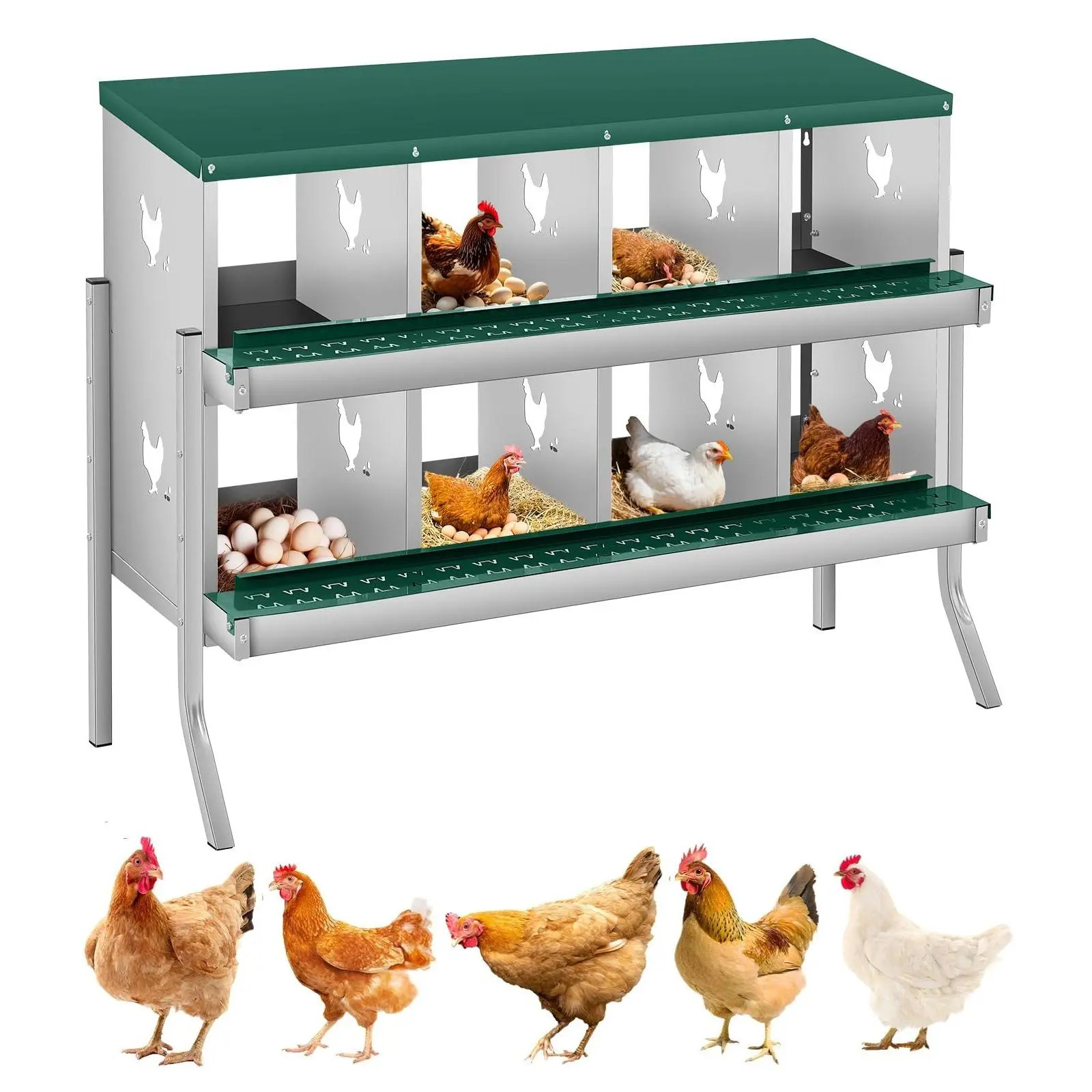 Garvee Chicken Nesting Box, 8-Compartment Chicken Nesting Box, Two-Tier Galvanized Steel Hen Egg Storage Box with Large Ventilated Holes, Assembly