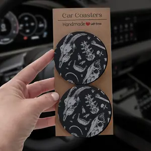 Dark Western Car Coasters Skull Bones Skeleton Gothic Neoprene Anti Slip Absorbent for Cup Holder Fits Most Holders 2.68 in 6.8 cm 2/4 Pcs