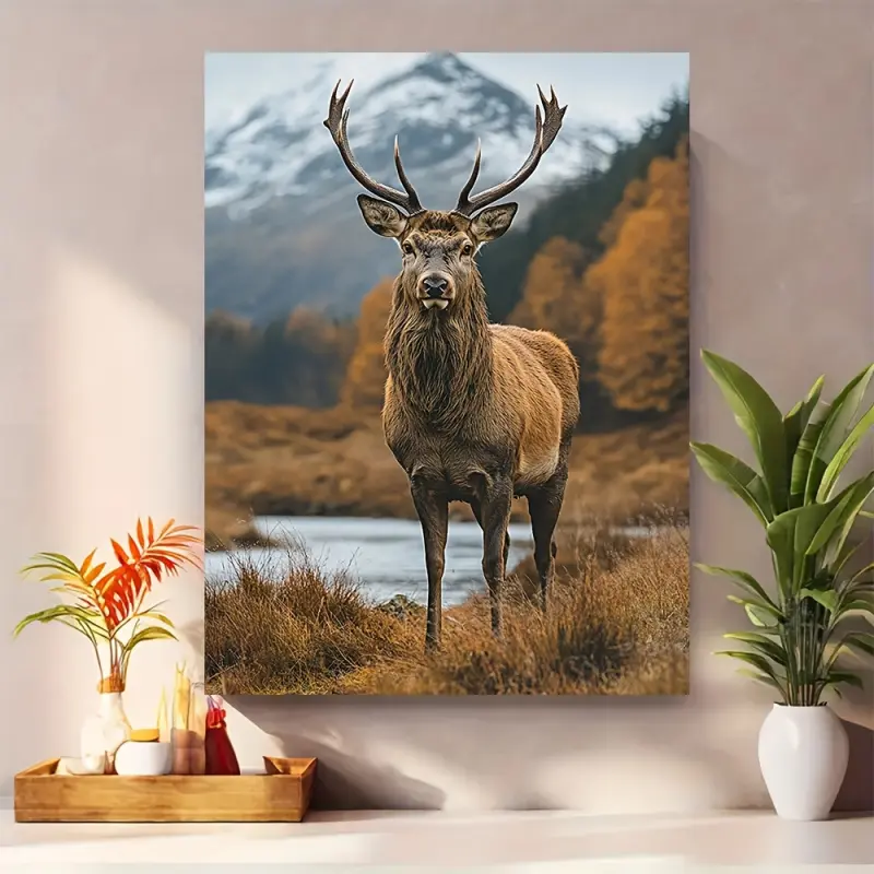 1 Piece Scottish Deer Painting Wall Art, Artistic - Wooden Frame Wrapped Canvas Scottish Highland Landscape Painting with Stag, Red Deer and Antlers, Autumn Leaves and Mountain Scenery - Home & Office Decoration Ready-to-Hang Wildlife Poster